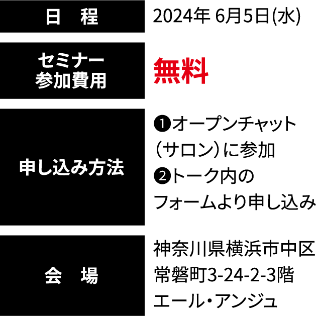 日程：2024年6月5日（水） セミナー参加費用：無料 申し込み方法：①オープンチャット（サロン）に参加 ②トーク内のフォームより申し込み 会場：神奈川県横浜市中区常磐町3-24-2-3階 エール・アンジュ